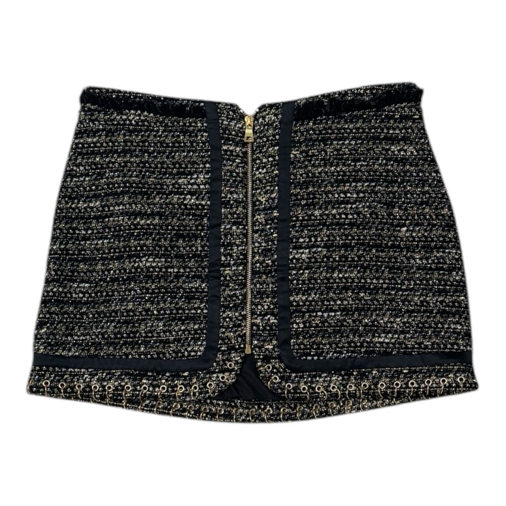 RAMY BROOK Rhonda Tweed Zip-Front Mini Skirt Gold Zipper Hardware Size‎ 8 Black - Picture 6 of 15